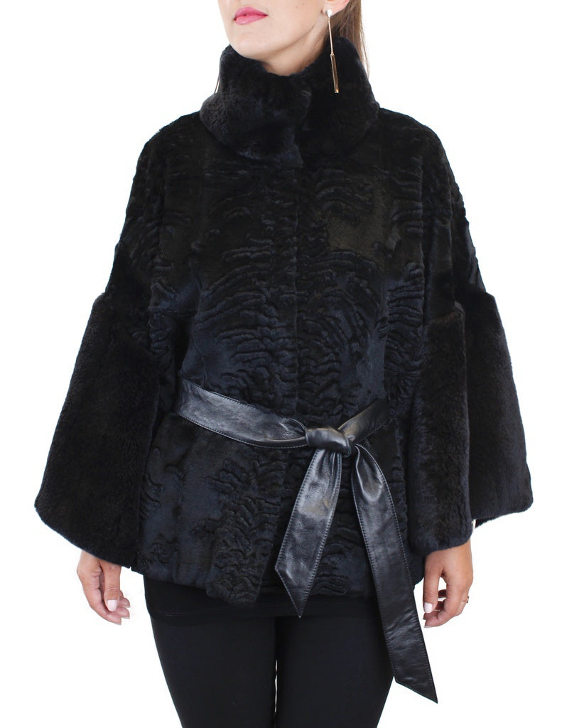 Black Sheepskin Shearling Jacket Coat Reversable Luxury Kimono 