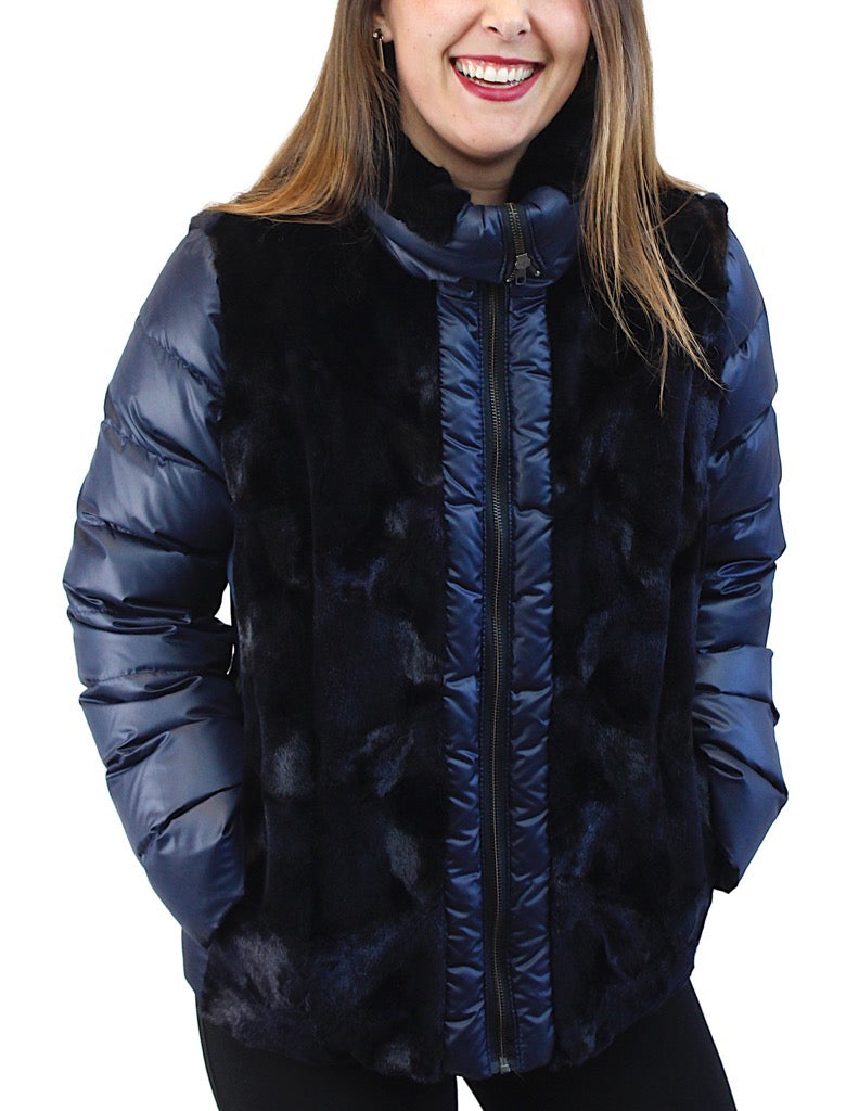 Navy Mink Fur Jacket Hooded