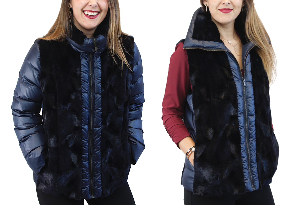 Navy Mink Fur Jacket Hooded