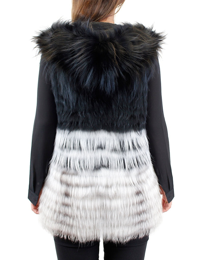 RIZAL - HOODED BLACK & WHITE FEATHERY LAYERED RACCOON FUR VEST