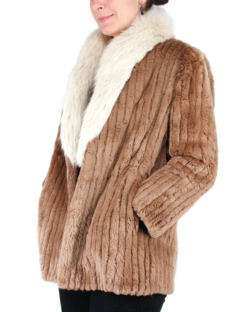 PREOWNED TAN SHEARED BEAVER FUR JACKET W/ FOX FUR COLLAR – The