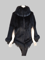 Black Sheared Mink Fur Cape w/ Raccoon Fur Trim & Leather Tassles -M