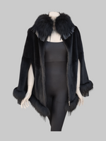 Black Sheared Mink Fur Cape w/ Raccoon Fur Trim & Leather Tassles -M