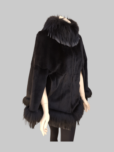 Black Sheared Mink Fur Cape w/ Raccoon Fur Trim & Leather Tassles -M