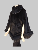 Black Sheared Mink Fur Cape w/ Raccoon Fur Trim & Leather Tassles -M