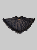 Black Sheared Mink Fur Cape w/ Raccoon Fur Trim & Leather Tassles -M