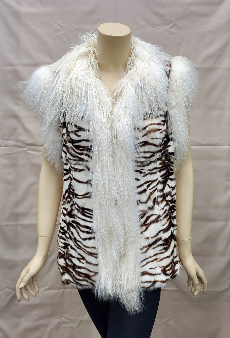 Vintage Zebra Stenciled Goat Fur Sections Vest with Tibetan Lamb