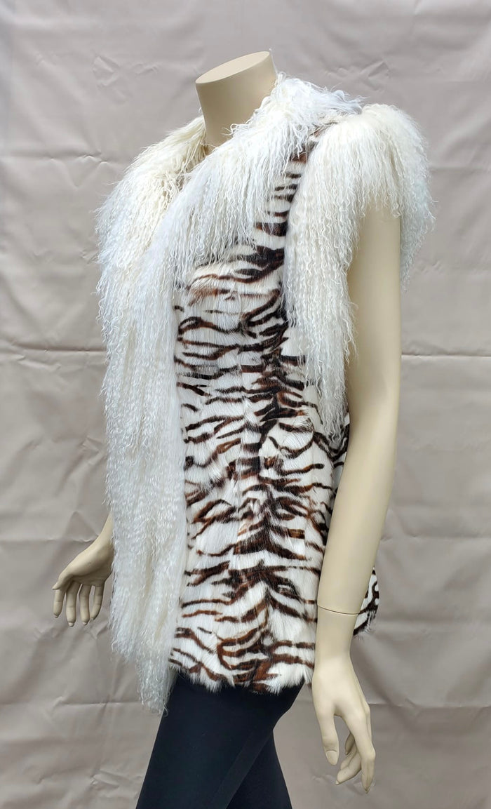 Vintage Zebra Stenciled Goat Fur Sections Vest with Tibetan Lamb