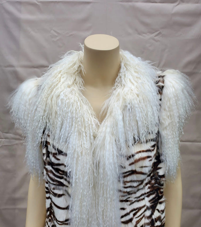 Vintage Zebra Stenciled Goat Fur Sections Vest with Tibetan Lamb