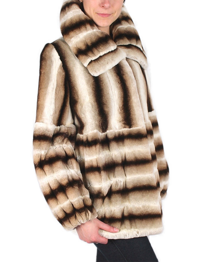 LARGE BEIGE BROWN STRIPED REX RABBIT FUR COAT, JACKET – The Real Fur Deal