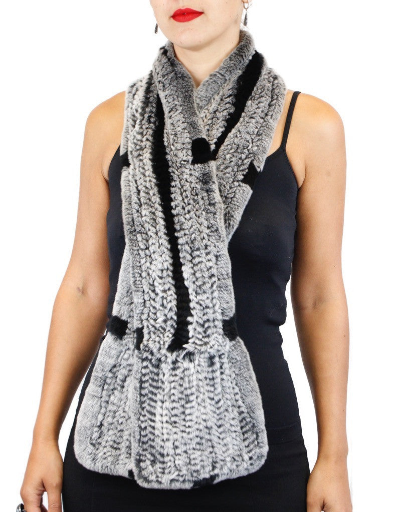 Rex Rabbit Fur knitted Scarf with Fringes - Chinchilla Grey