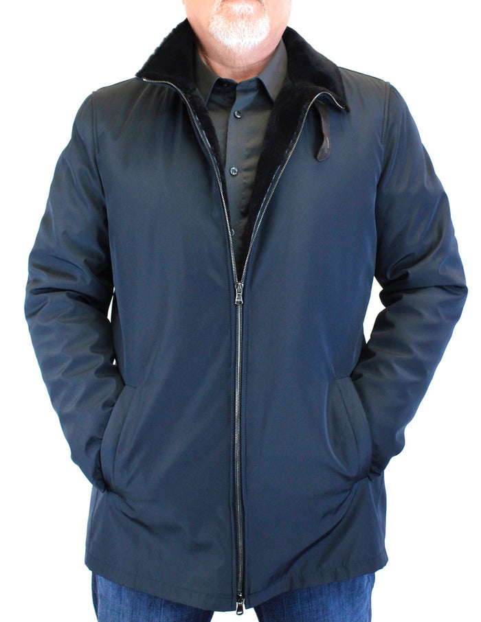 di Bello - Men's Navy Blue Merino Shearling-Lined Rain Jacket, Large - Euro Size 52